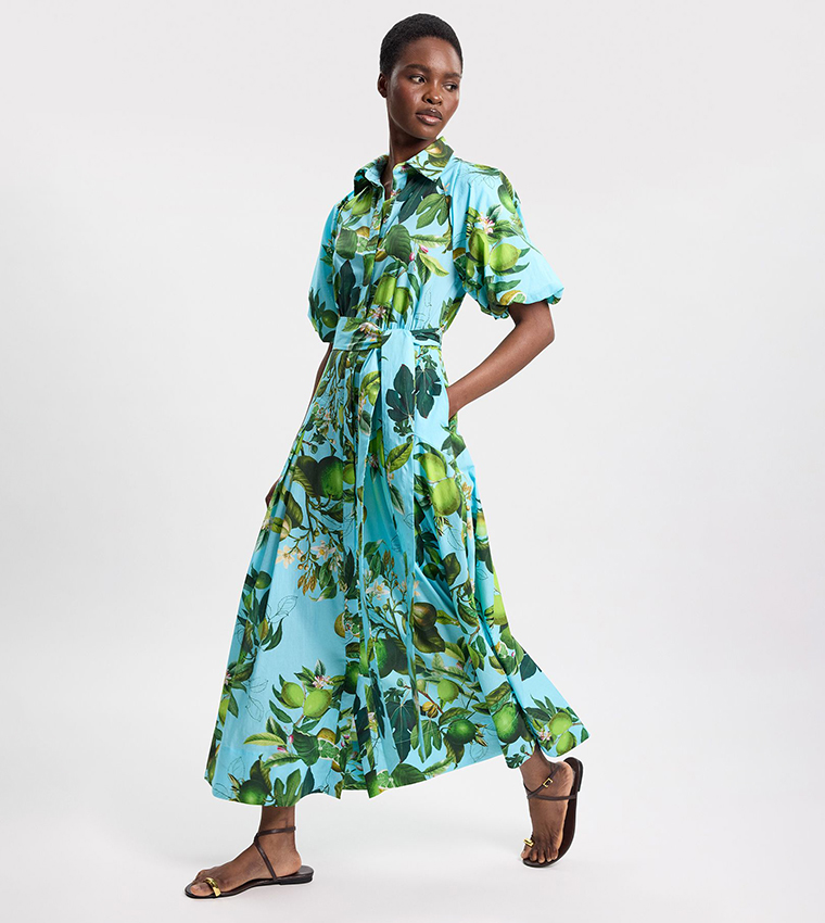 Petite Lime Print Puff Sleeves Woven Midi Shirt Dress