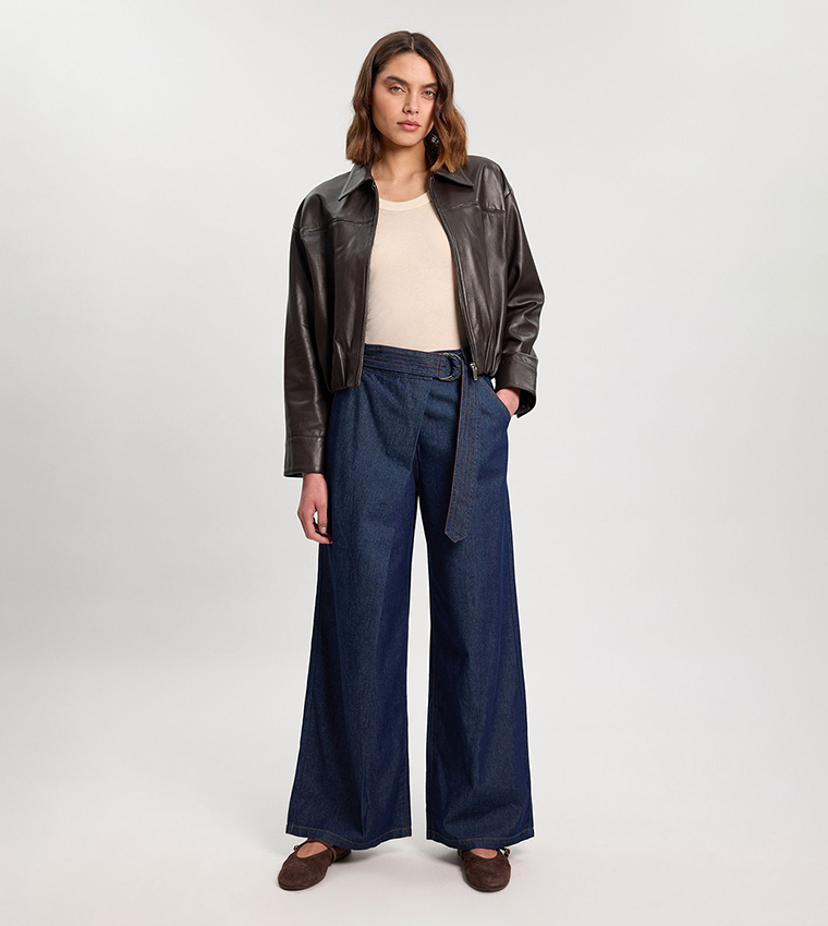 Washed Belted Wide Leg Jeans