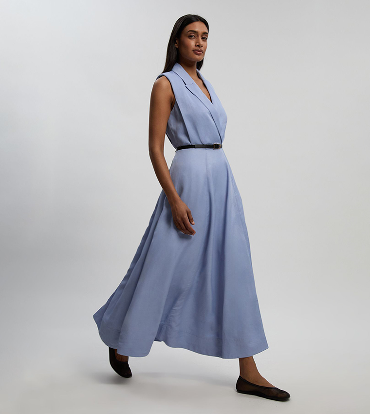 Buy Karen Millen Premium Viscose Linen Tailored Belted Midi Dress In Blue |  6thstreet Kuwait