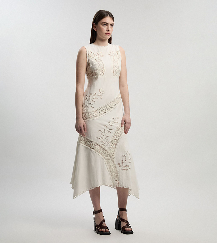 Buy Karen Millen Cutwork And Embroidery Linen Viscose Woven Midi Dress In  Ivory | 6thStreet Kuwait