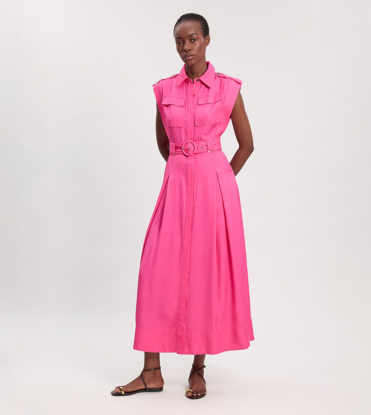 Premium Viscose Linen Belted Woven Midaxi Dress