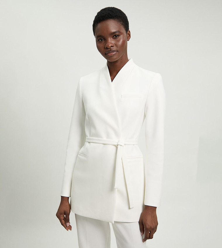Tailored Collarless Belted Blazer