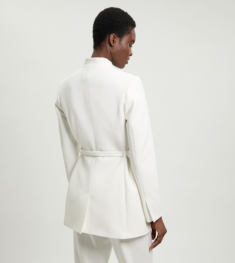 Tailored Collarless Belted Blazer