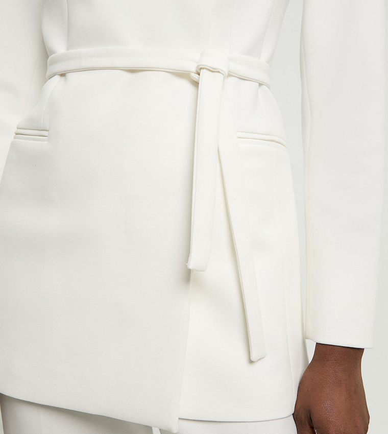 Tailored Collarless Belted Blazer