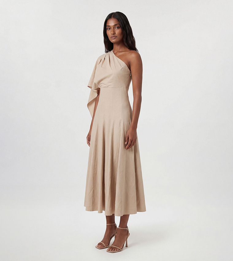 Petite Premium Linen High Neck One Shoulder Midi Dress