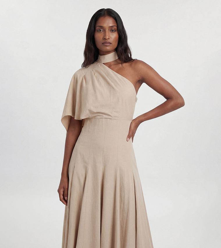Petite Premium Linen High Neck One Shoulder Midi Dress