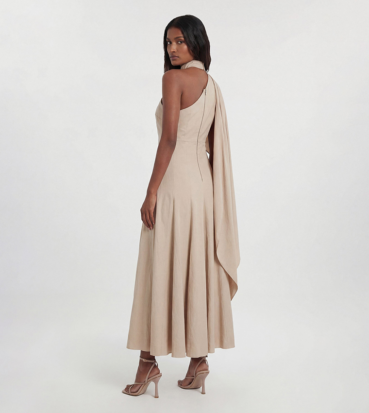 Petite Premium Linen High Neck One Shoulder Midi Dress
