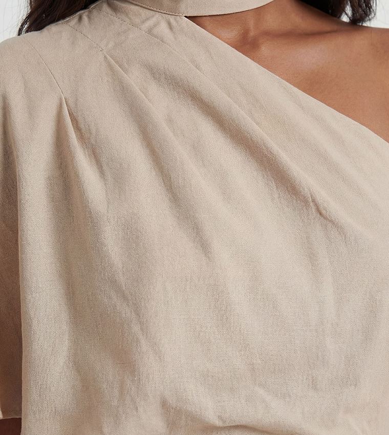 Petite Premium Linen High Neck One Shoulder Midi Dress
