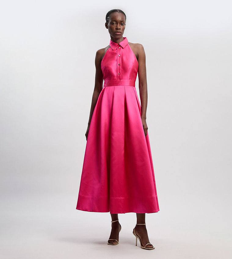 Twill Contrast Collared Woven Midaxi Dress