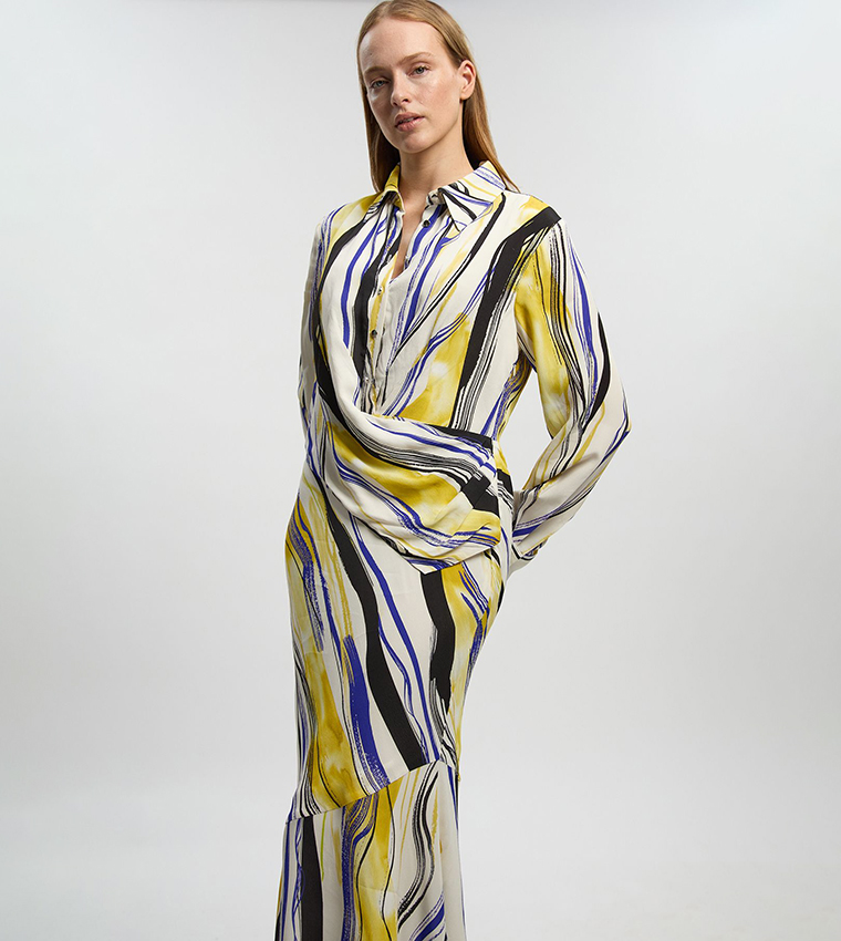 فستان قميص ماكسي تويل بطبعة