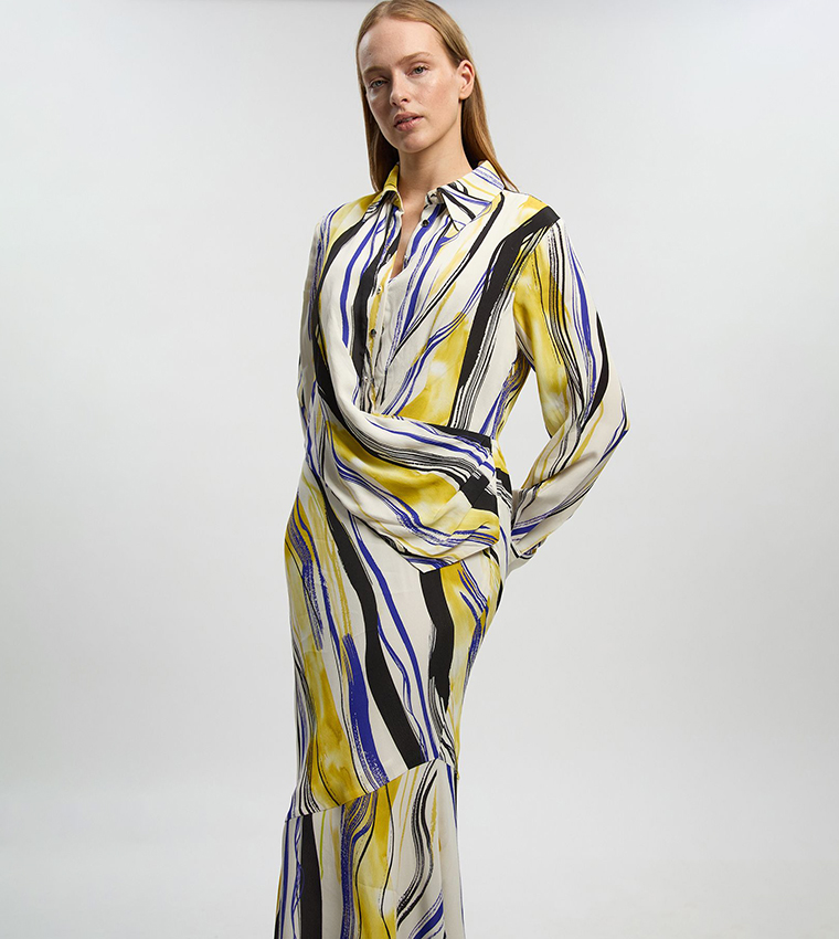 فستان قميص ماكسي تويل بطبعة