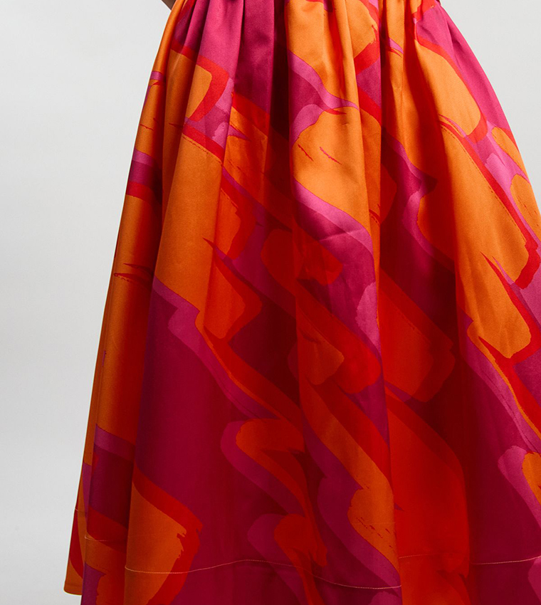 karen millen pink and orange dress Karen Millen Compact Stretch Colour Block Tailored Bardot Midi Dress in Hot Pink