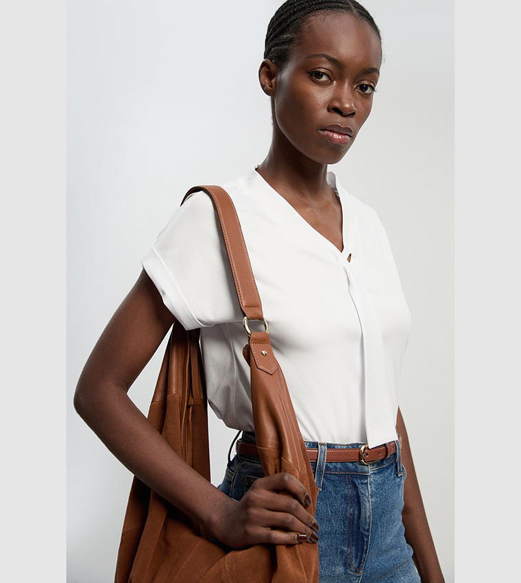 Jersey V-Neck Tie Detail Top