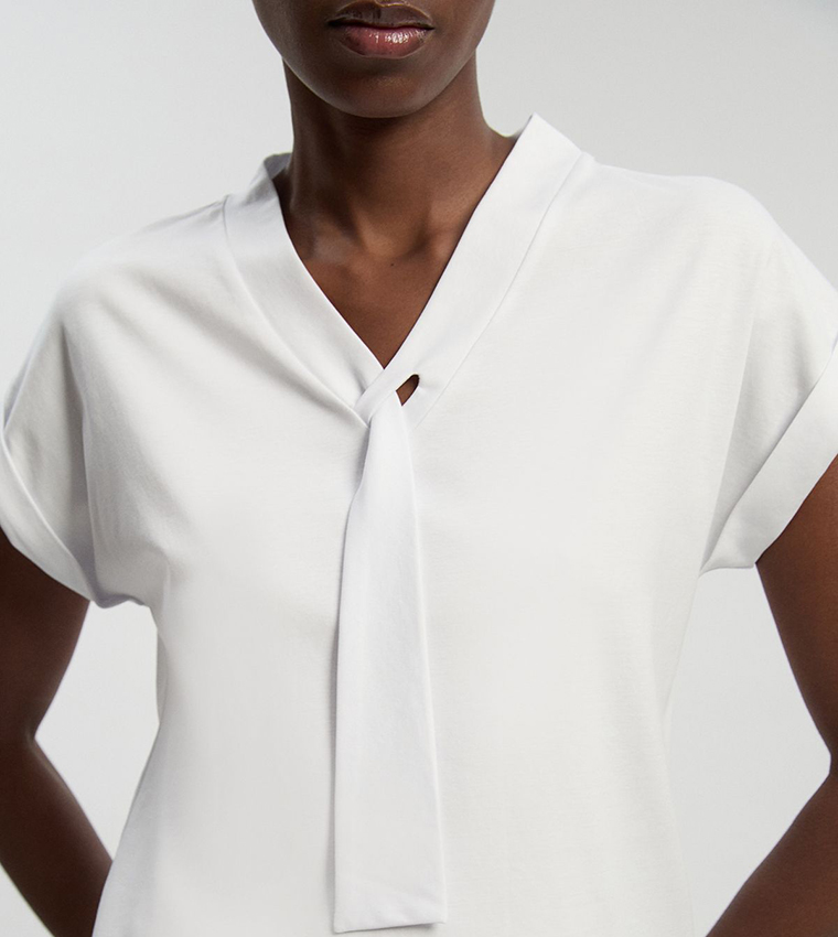 Jersey V-Neck Tie Detail Top