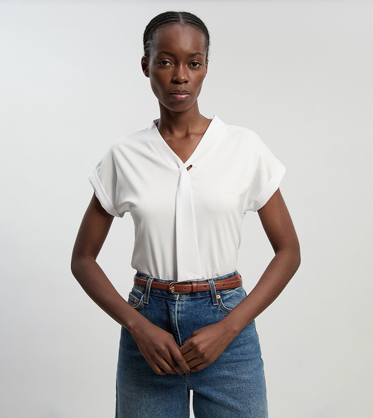 Jersey V-Neck Tie Detail Top