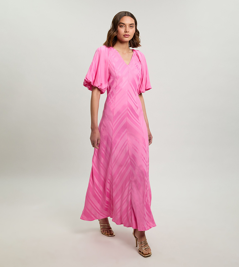 Striped Fabric Detail Fluid Short Sleeves Maxi Dress