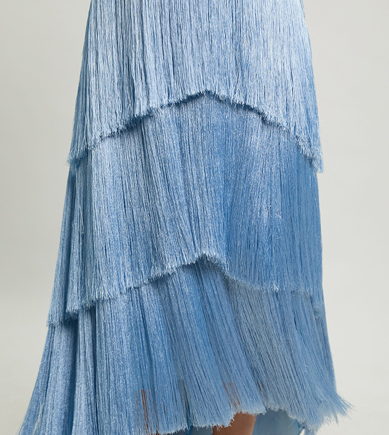 Fringed Beaded Halterneck Woven Maxi Dress