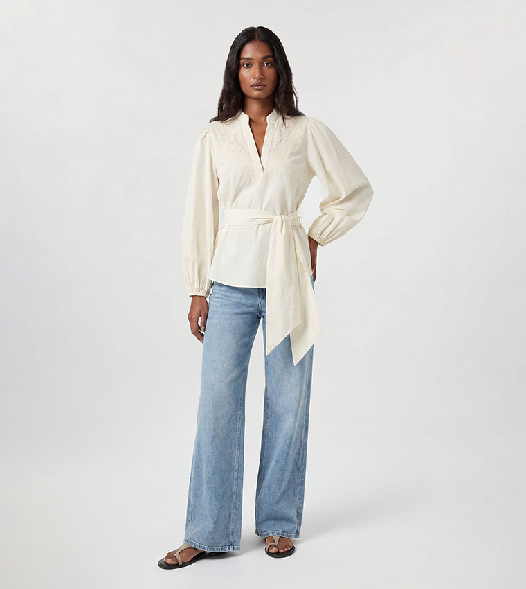 Poplin Embroidered Detail Belted Top