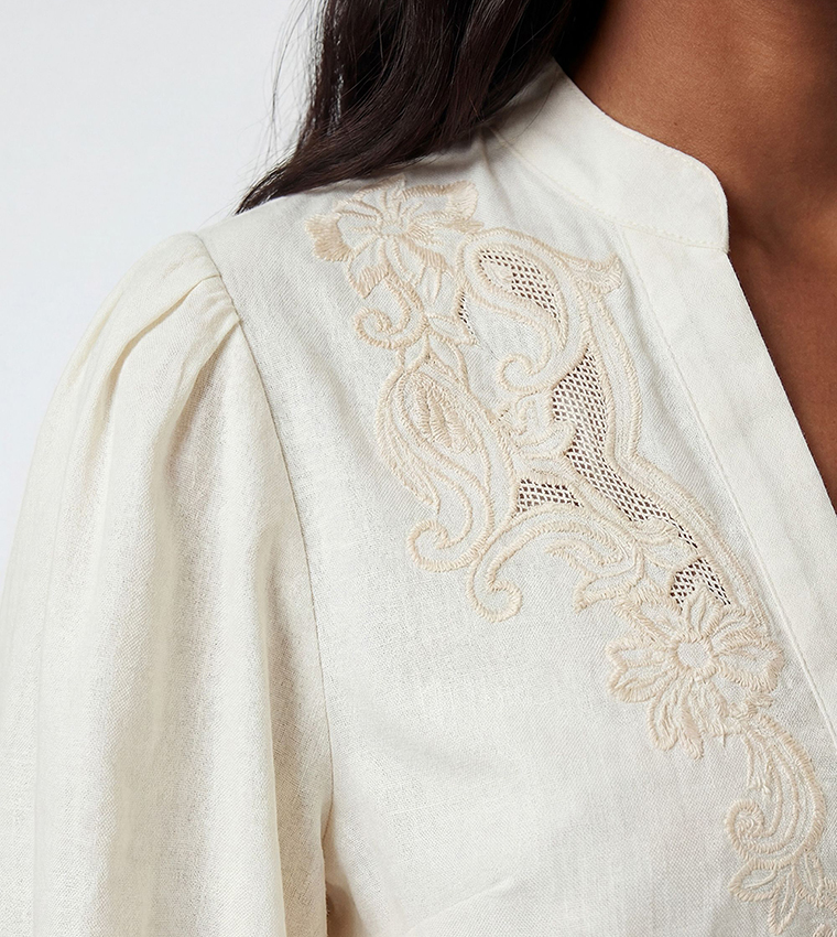Poplin Embroidered Detail Belted Top