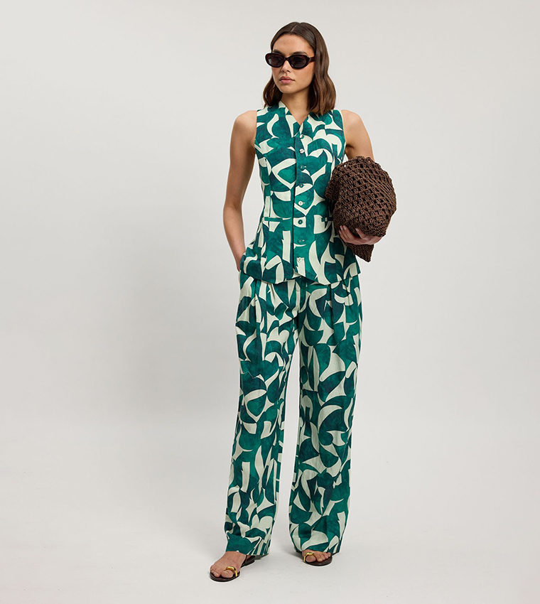 Linen Geo Print Pleated Straight Fit Trousers