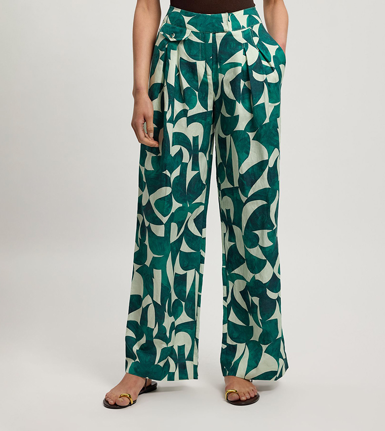 Linen Geo Print Pleated Straight Fit Trousers