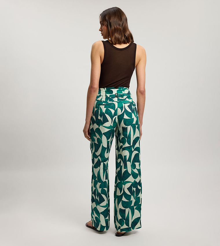 Linen Geo Print Pleated Straight Fit Trousers