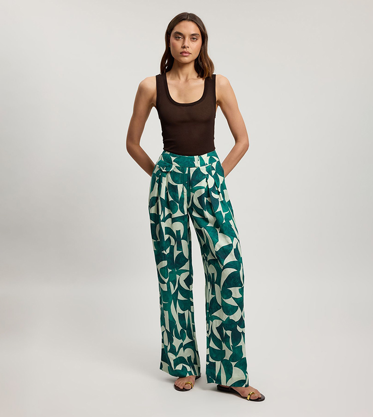 Linen Geo Print Pleated Straight Fit Trousers