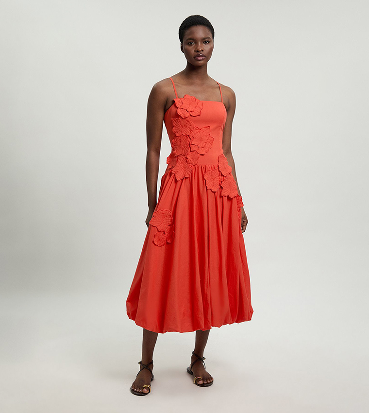 Linen 3D Floral Bubble Hem Midi Dress
