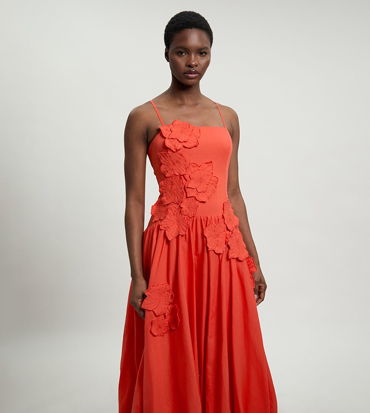 Linen 3D Floral Bubble Hem Midi Dress