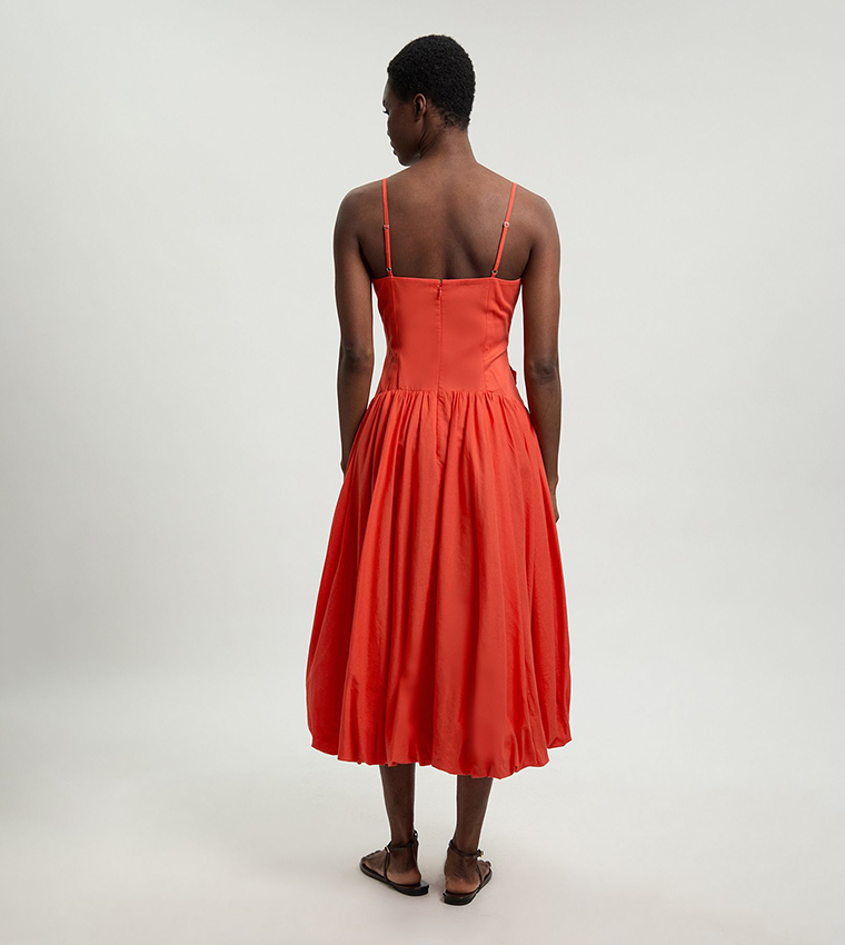 Linen 3D Floral Bubble Hem Midi Dress