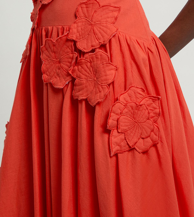 Linen 3D Floral Bubble Hem Midi Dress