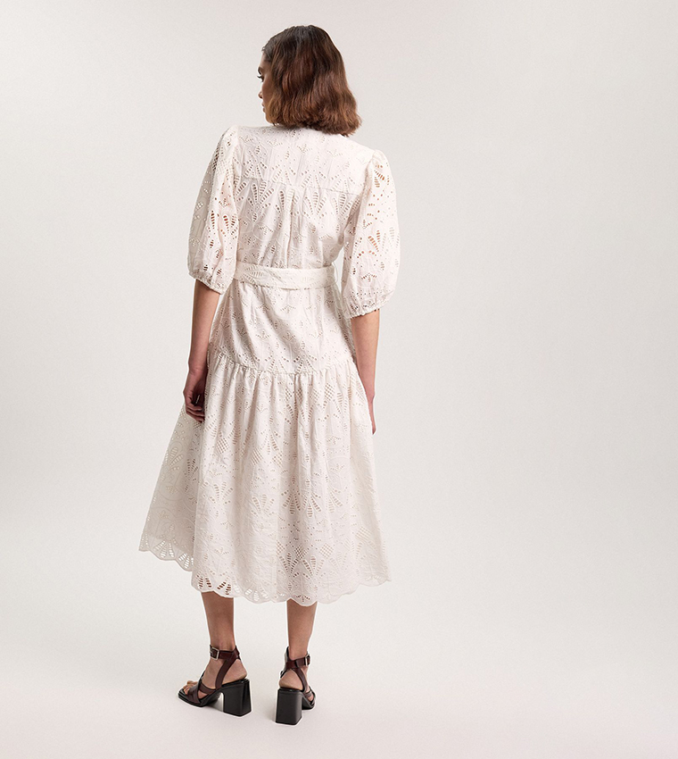 Scalloped Hem Broderie Midi Shirt Dress