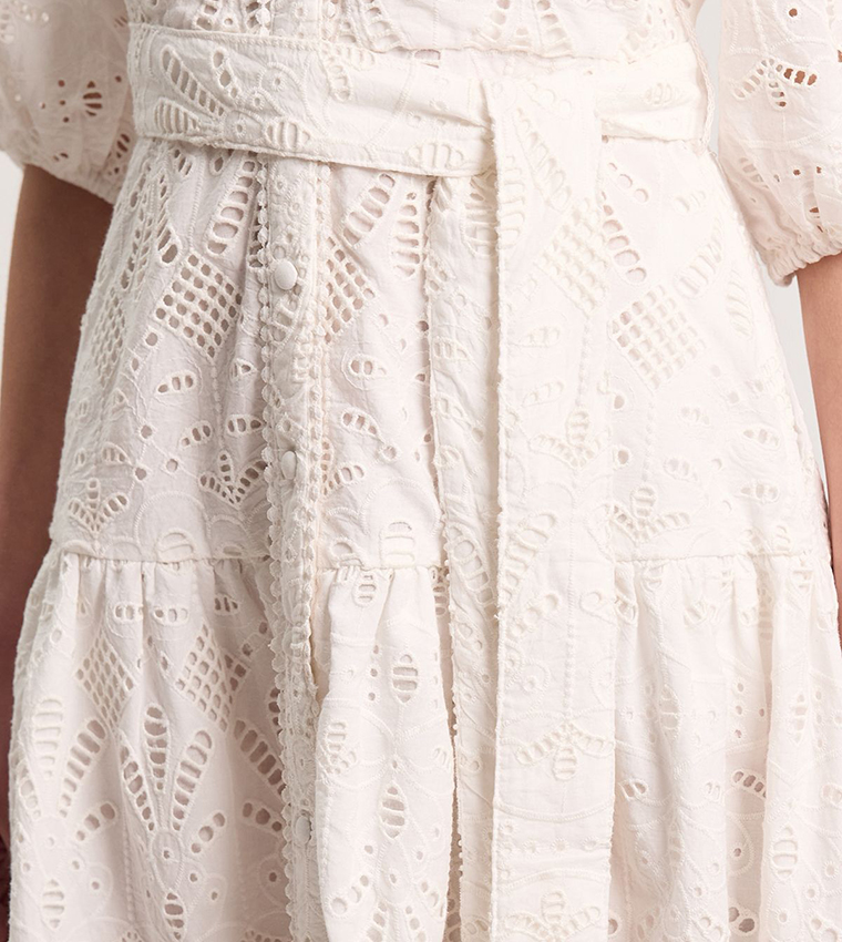 Scalloped Hem Broderie Midi Shirt Dress