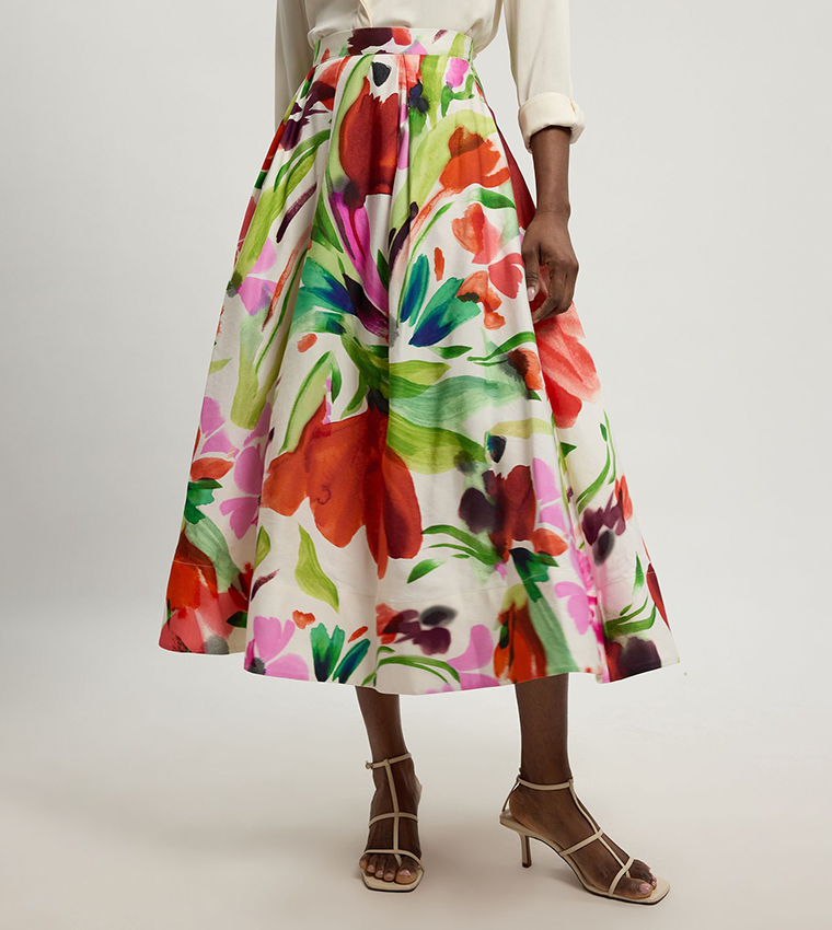 Viscose Linen Floral Print Woven Prom Skirt