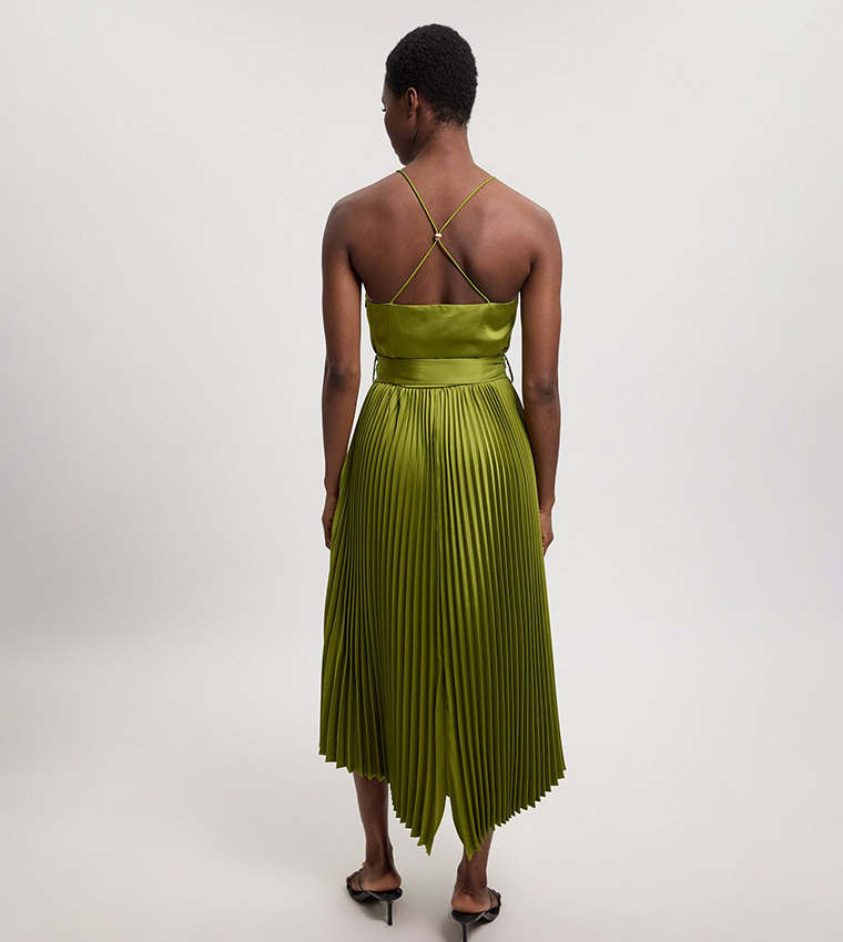 Satin Pleated Woven Midi Dress