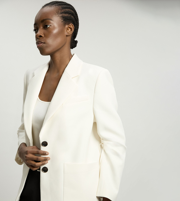 Compact Stretch Ruched Sleeves Detail Single Breasted Blazer