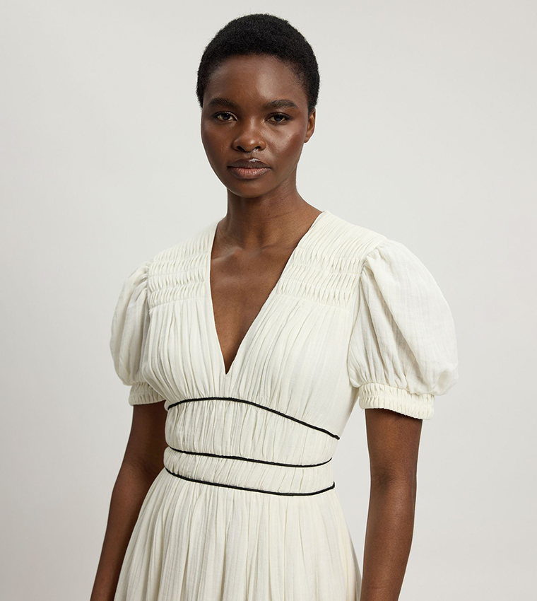 Double Cloth Contrast Piping Midi Dress