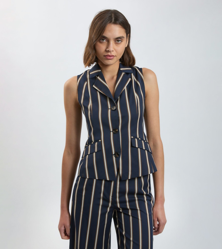 Striped Single Breasted Sleeveless Jacket