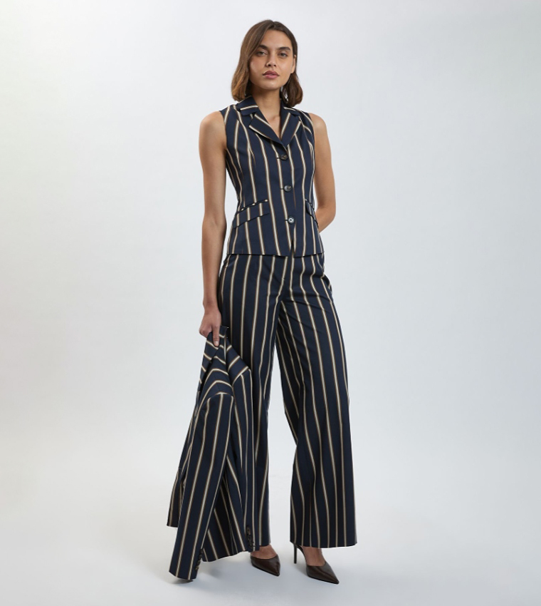 Striped Single Breasted Sleeveless Jacket