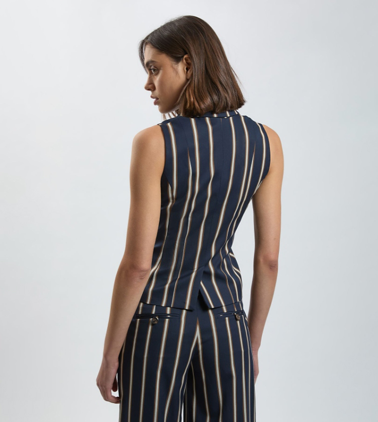 Striped Single Breasted Sleeveless Jacket