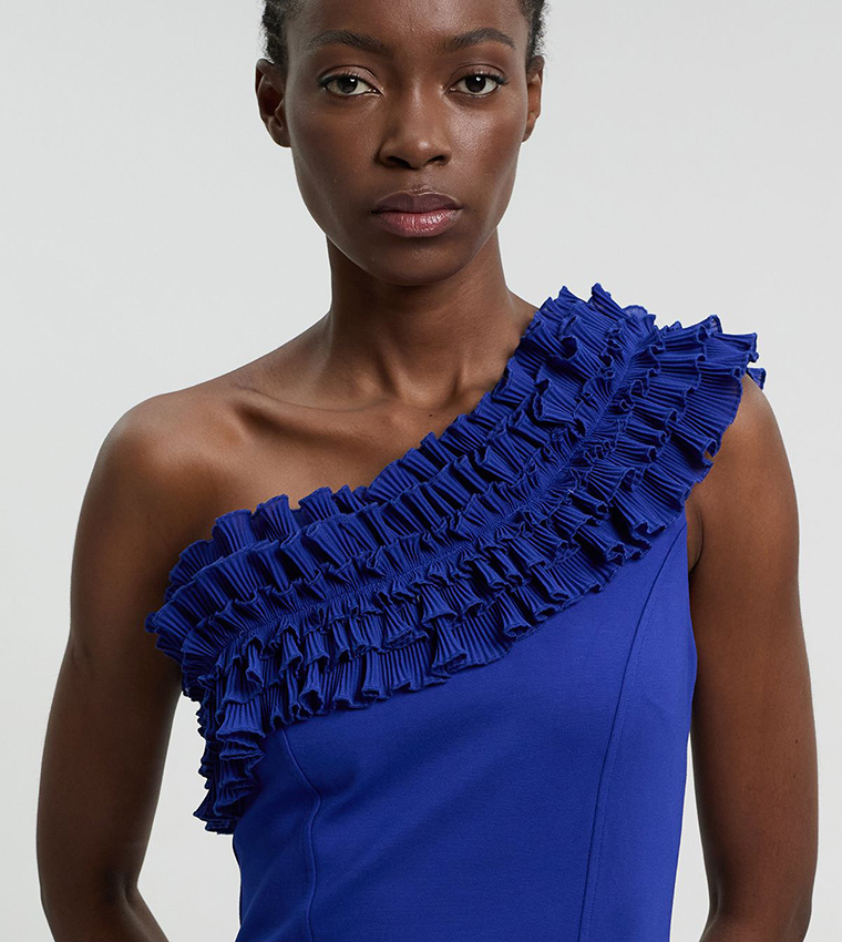 karen millen one shoulder ruffle dress KAREN MILLEN Compact Stretch Taffeta Ruffle One Shoulder Midi Dress