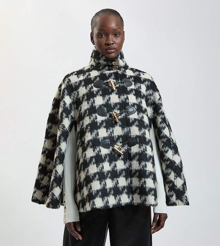 Check Wool Blend Trim Cape Jacket