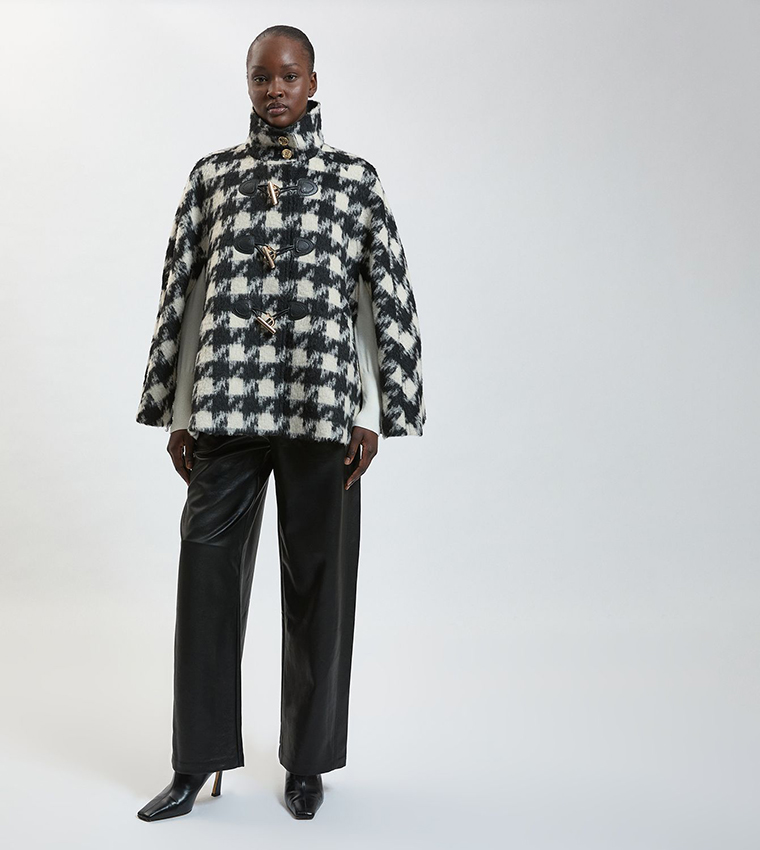 Check Wool Blend Trim Cape Jacket
