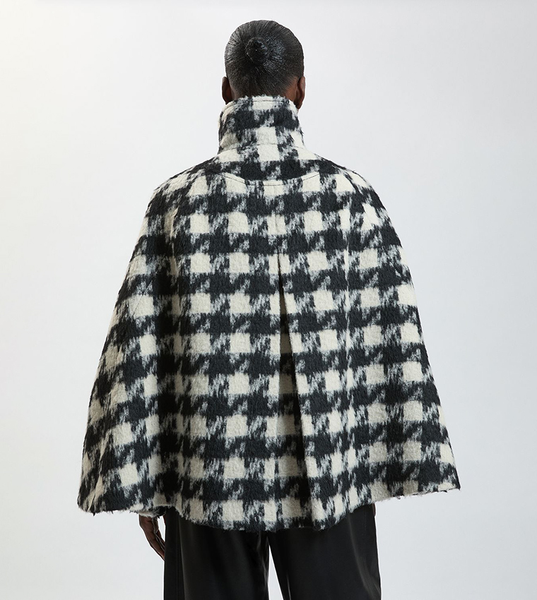 Check Wool Blend Trim Cape Jacket