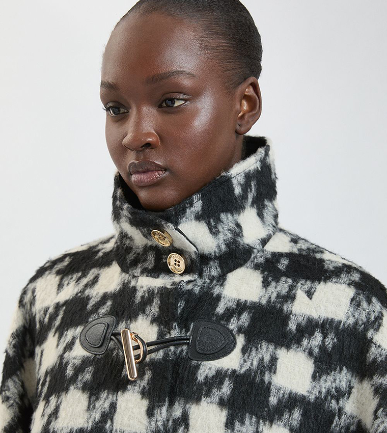 Check Wool Blend Trim Cape Jacket