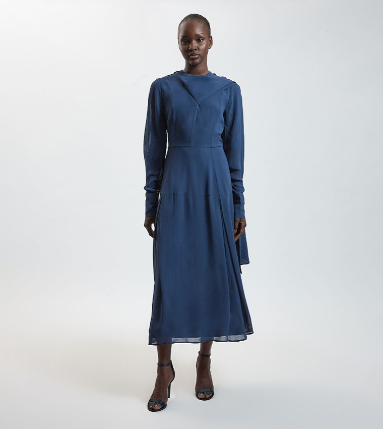 Scarf Detail Viscose Woven Midi Dress