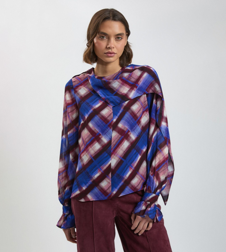 Plaid Scarf Detail Woven Viscose Top