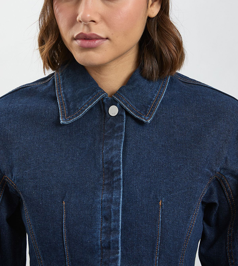 Solid Collared Shaped Denim Jacket