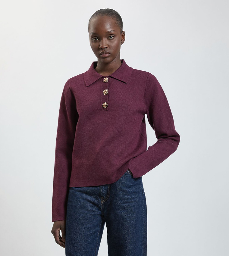 Compact Wool Embellished Button Collared Sweater