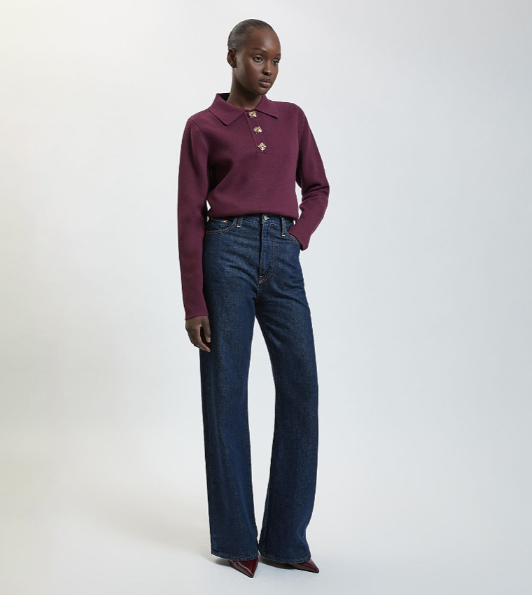 Compact Wool Embellished Button Collared Sweater